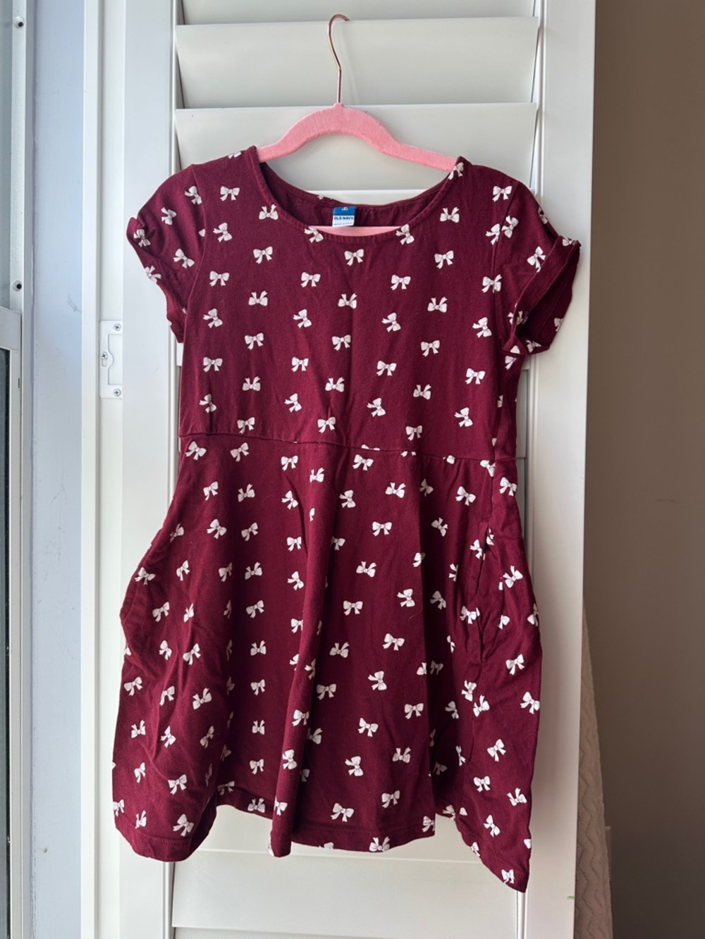Old Navy Maroon Dress with White Bow Print - Girls